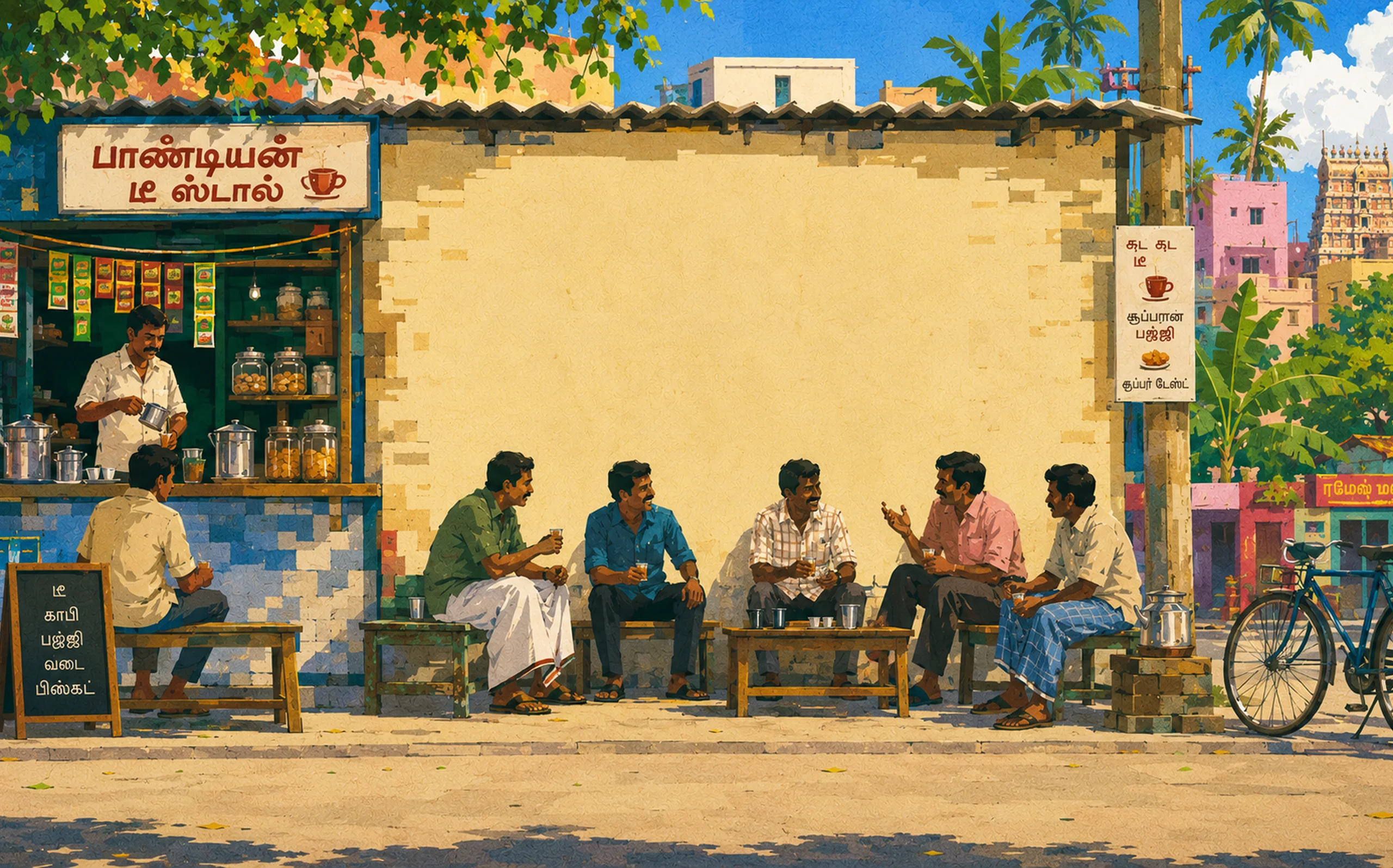 Chennai roadside tea kadai at evening, with tumblers, plastic chairs, and street traffic